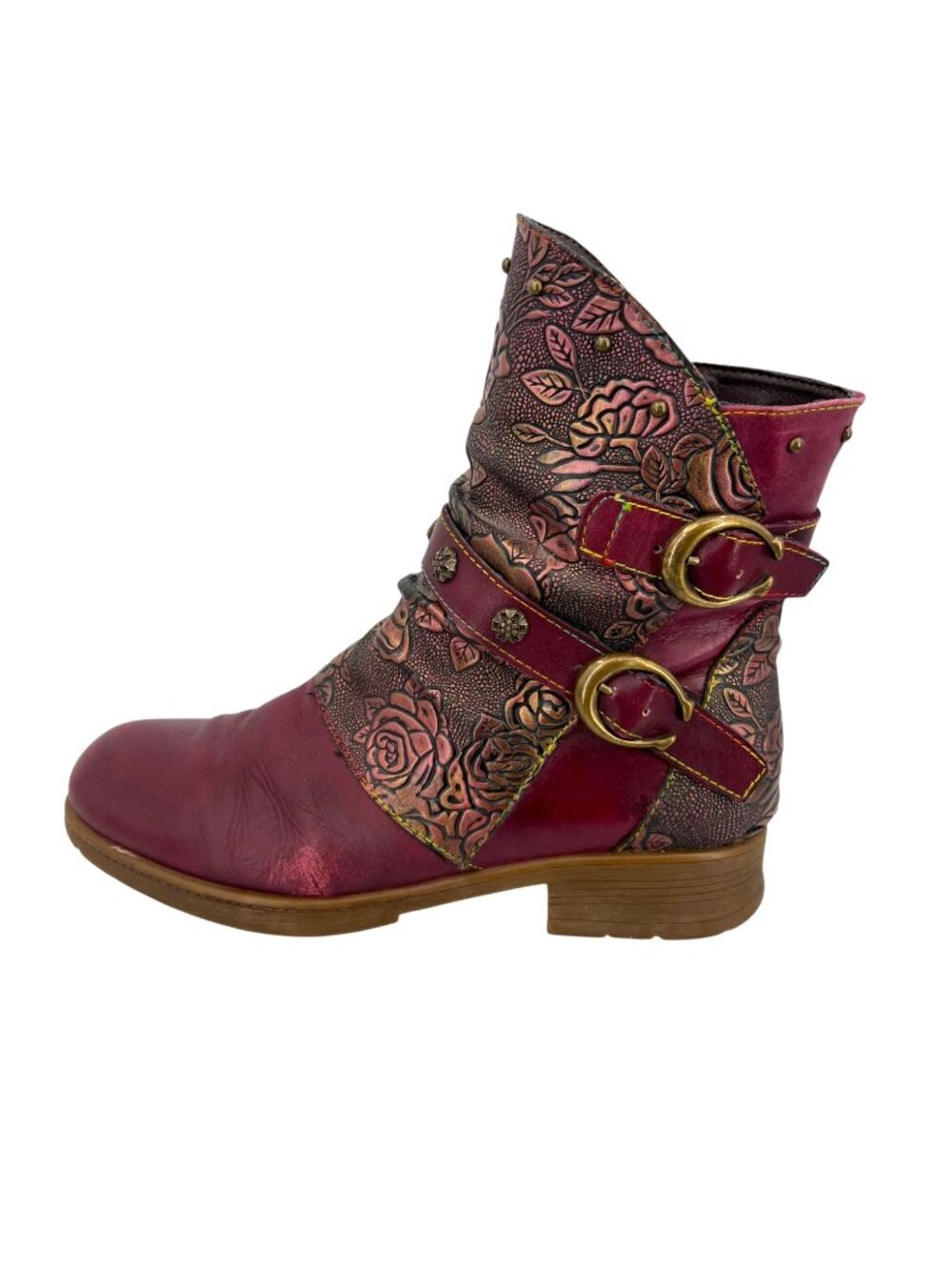 Boho Festival Floral Embossed Red Maroon Ankle Boots Double Buckle US 8.5-9